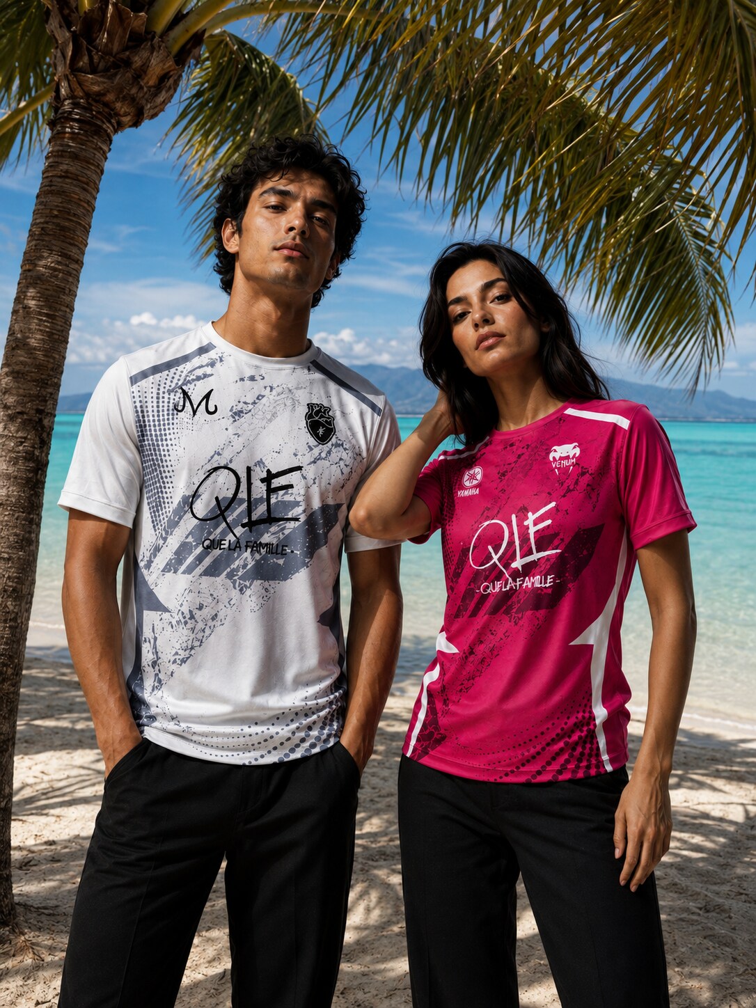 Un homme et une femme portant les maillots QLF Palm Era sur une plage